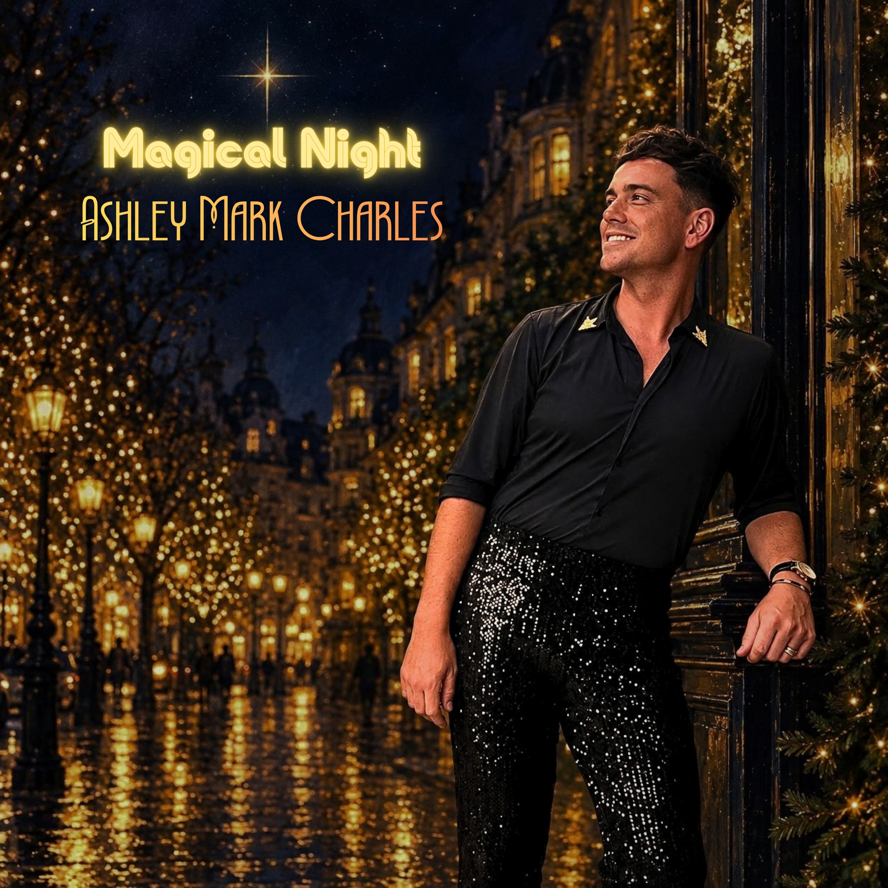 Magical Night, Ashley Mark Charles. Yours this Christmas. Full cover artwork featuring Ashley on a golden Christmas street at night.